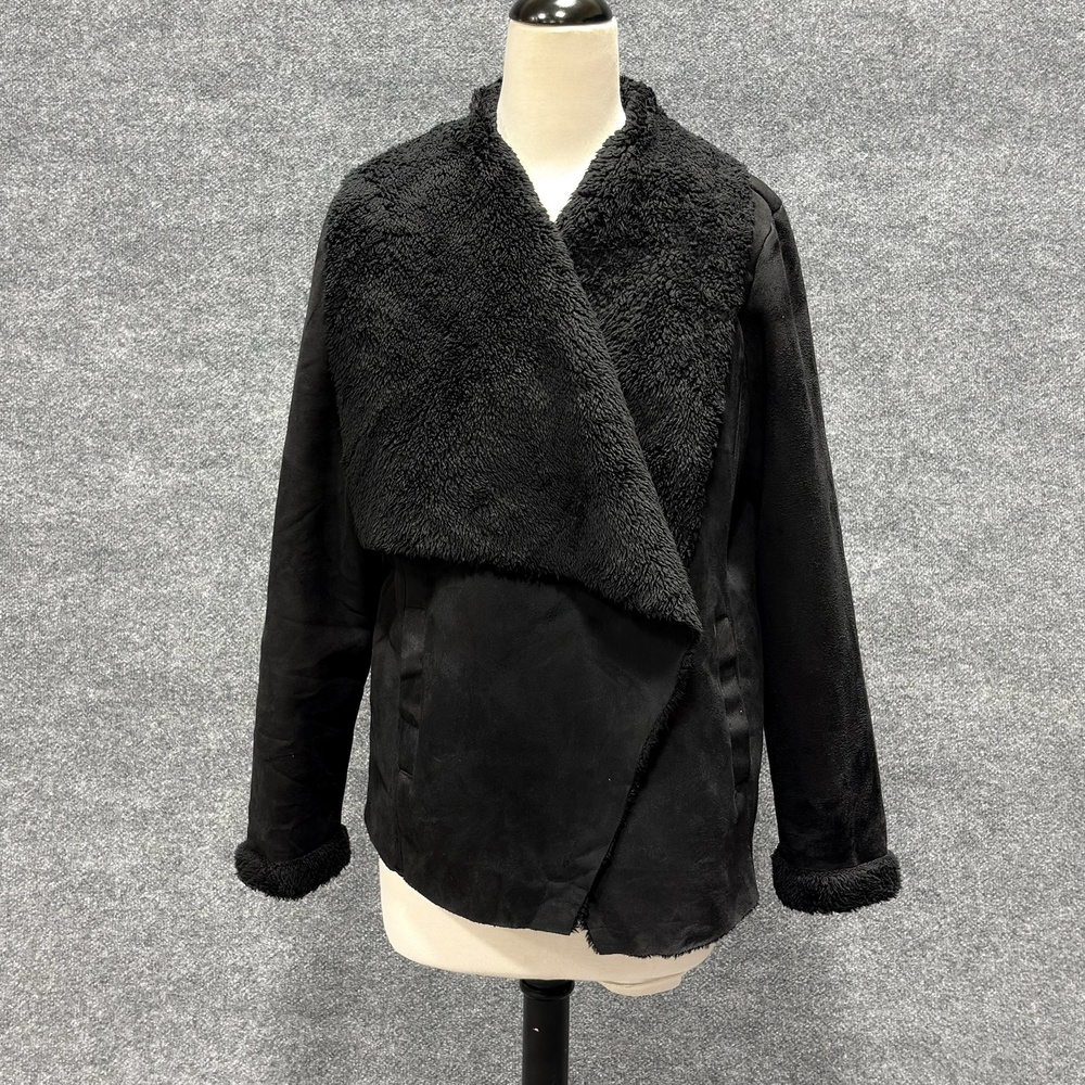 Lauren Ralph Lauren Jacket Womens M Black Faux Shearling Open Front Collar